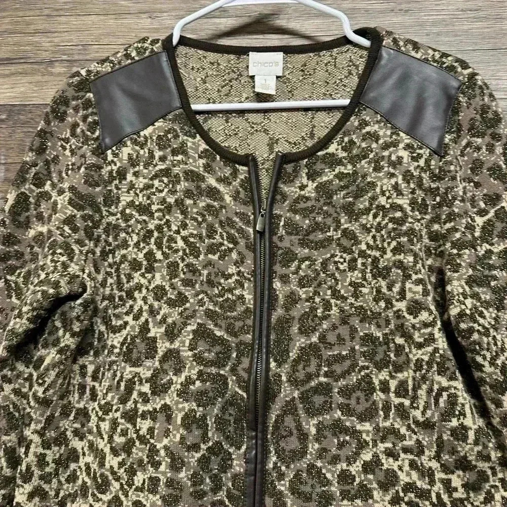 Chico's Leopard Print Bomber Jacket Brown & Beige - Picture 3 of 4